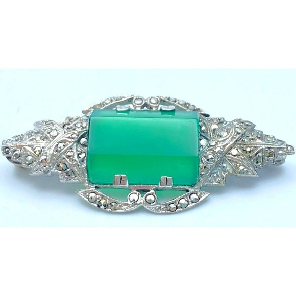Jewelry - Antique Green Emerald Cut Chrysoprase Marcasite Sterling Deco Brooch Germany